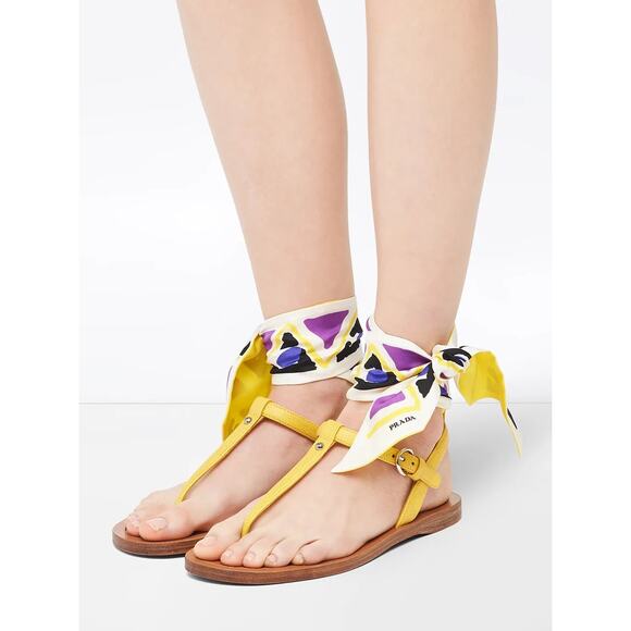 Prada Yellow Saffiano Leather/ Scarf Tie Sandals sz. 37.5 EU - Picture 1 of 9